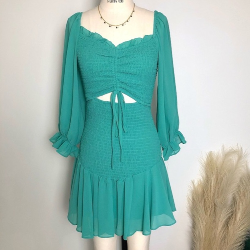 She + Sky bright green ruched ruffle mini dress